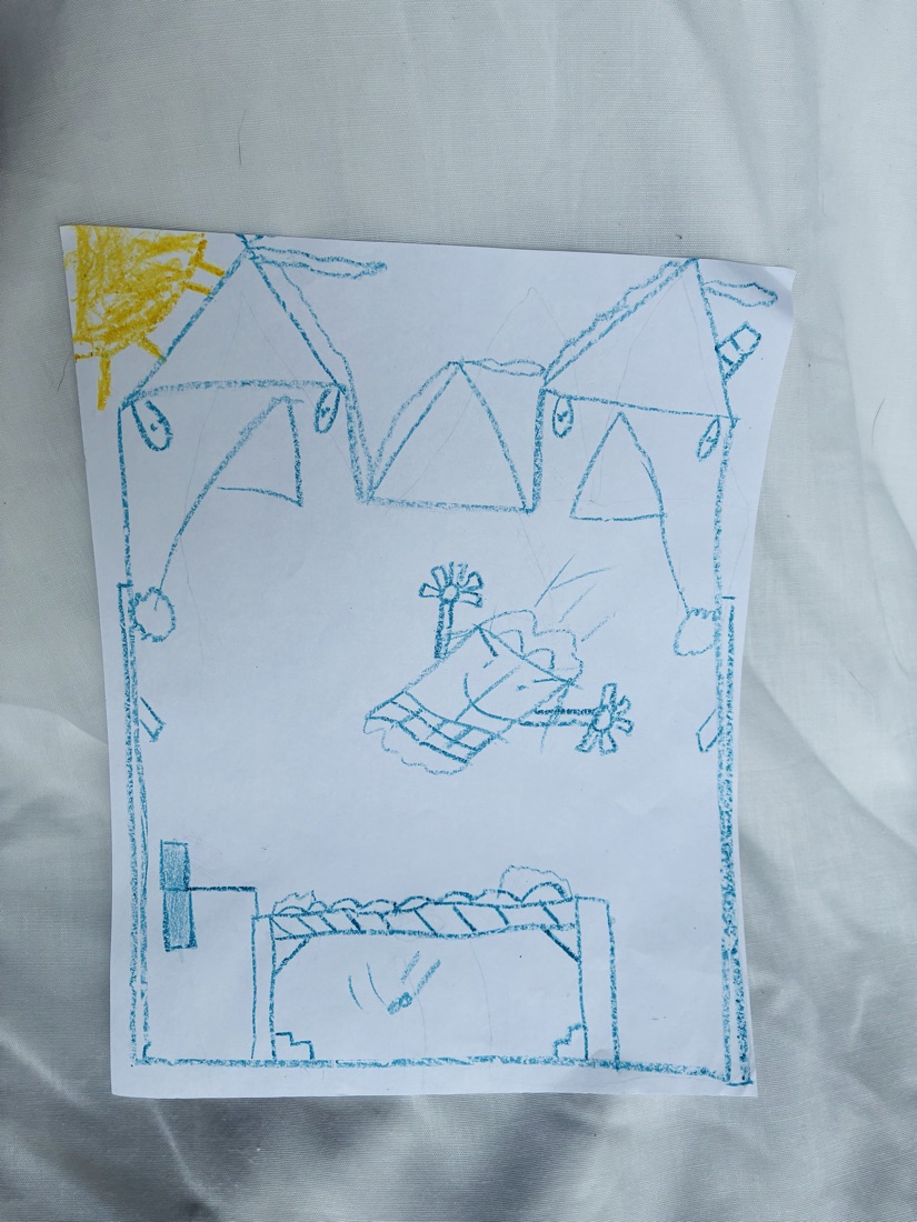 Blue crayon line drawing of a castle with pointed turrets and a small yellow sun