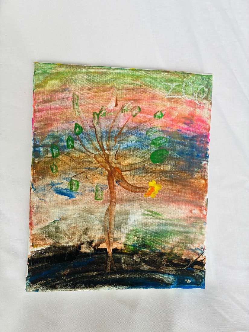 Acrylic painting on canvas of a thin tree with green leaves against a pink, gold and blue sunset sky