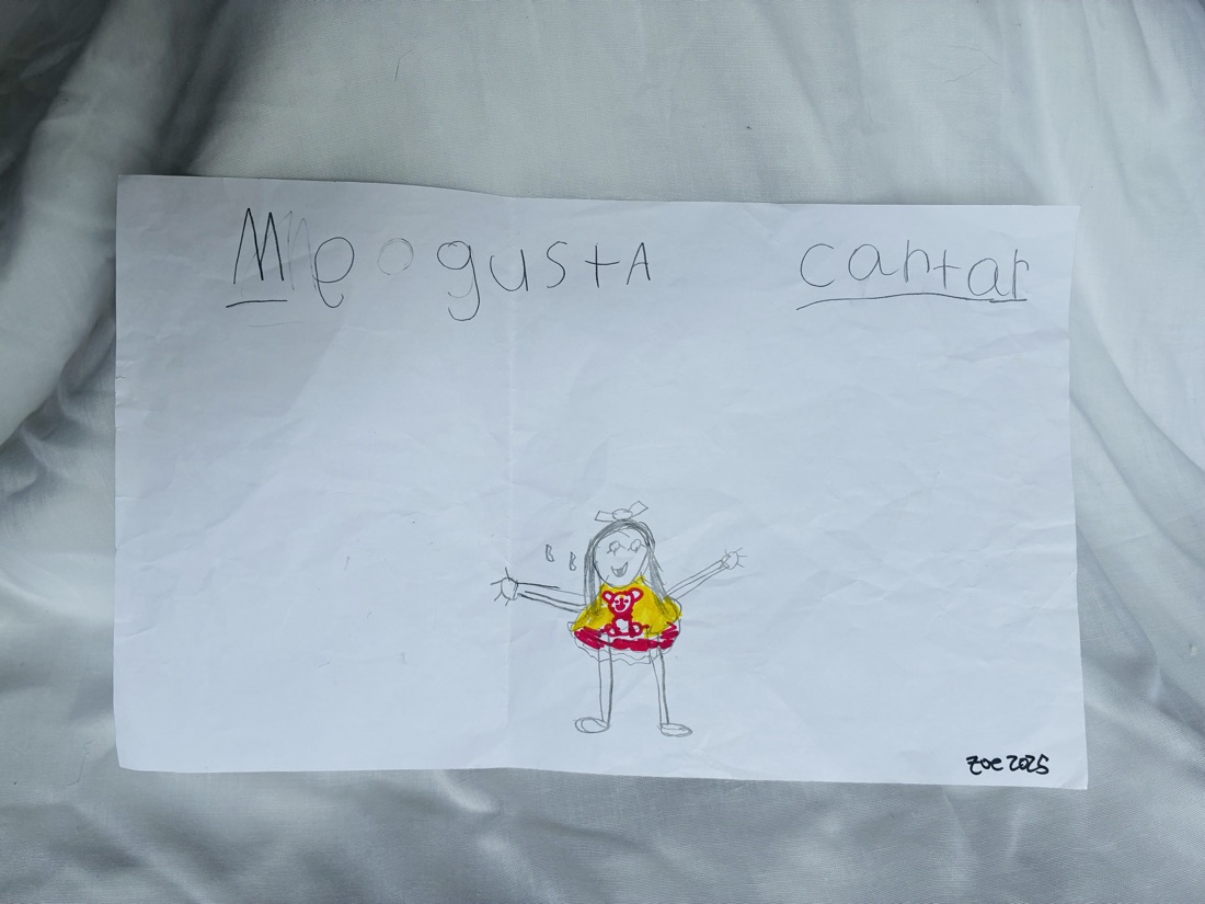 Pencil and marker drawing of a girl in a red and yellow dress singing with arms open, titled Me gusta cantar
